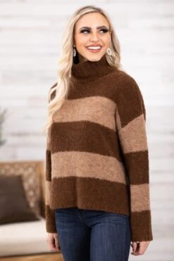 Brown And Tan Colorblock Turtleneck Sweater