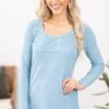 Dusty Blue Crochet Bodice Long Sleeve Top -Staccato Shop DustyBlueCrochetBodiceLongSleeveTop