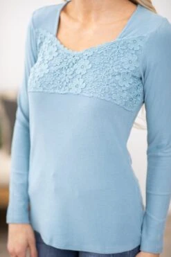 Dusty Blue Crochet Bodice Long Sleeve Top -Staccato Shop DustyBlueCrochetBodiceLongSleeveTop2