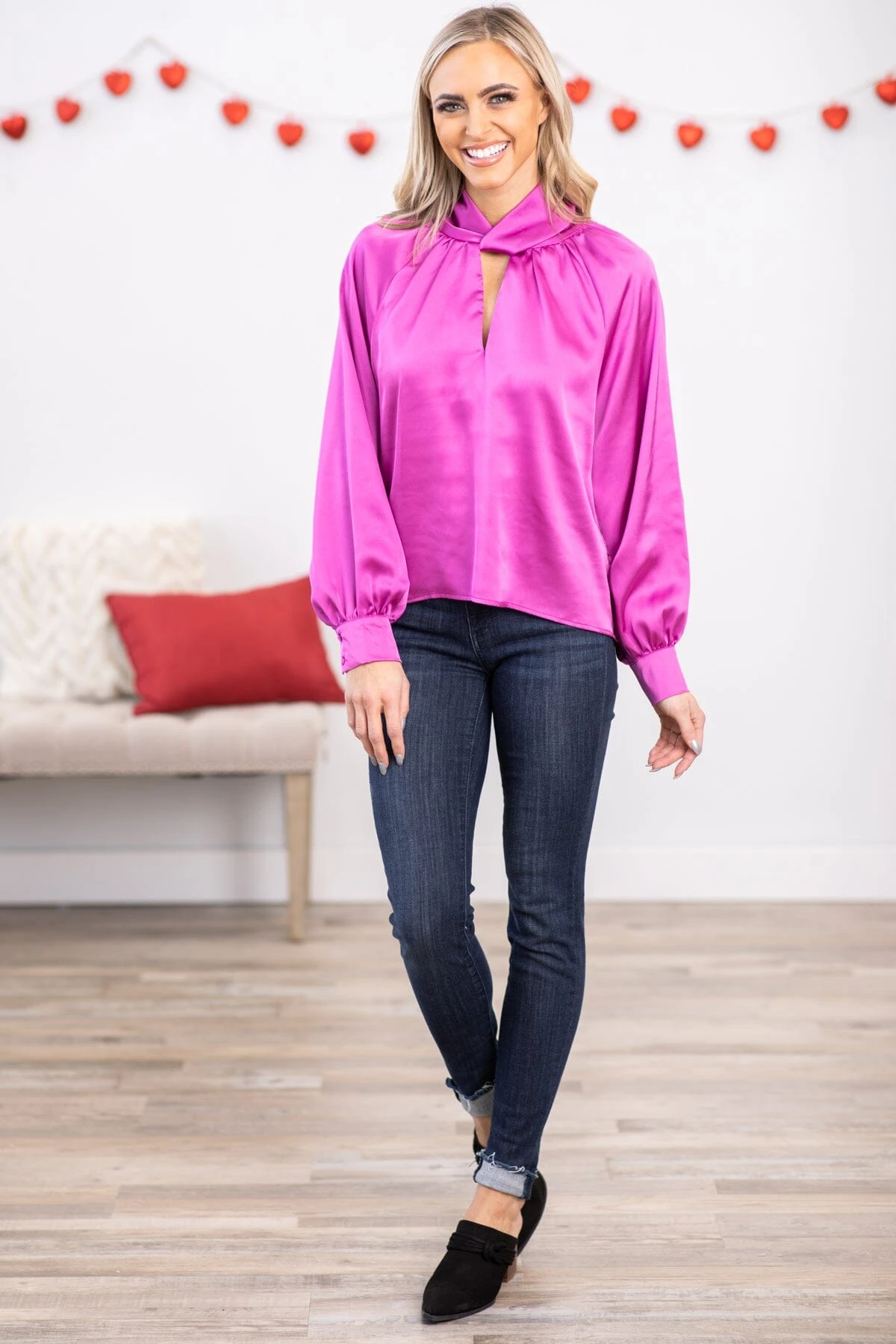 Fuchsia Mock Neck Top With Keyhole 4 Fuchsia Mock Neck Top With Keyhole - Image 2