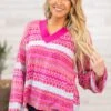 Hot Pink And Yellow Aztec Print-V-Neck Sweater -Staccato Shop HotPinkandYellowAztecPrint V NeckSweater 1
