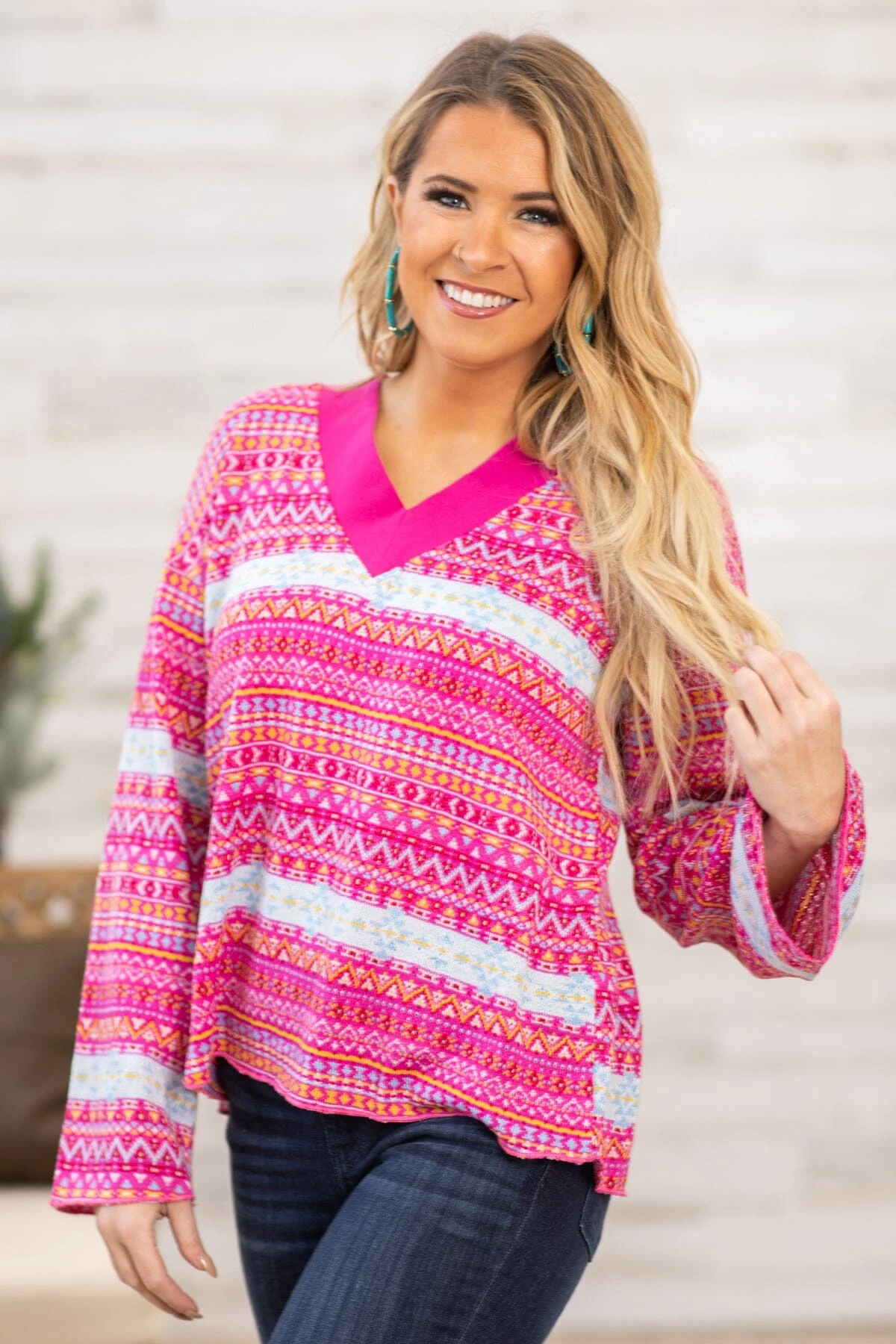 Hot Pink And Yellow Aztec Print-V-Neck Sweater 3 Hot Pink And Yellow Aztec Print-V-Neck Sweater