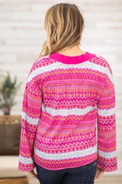 Hot Pink And Yellow Aztec Print-V-Neck Sweater 9 Hot Pink And Yellow Aztec Print-V-Neck Sweater -Staccato Shop HotPinkandYellowAztecPrint V NeckSweater 3