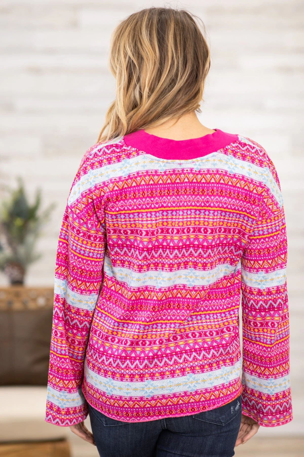 Hot Pink And Yellow Aztec Print-V-Neck Sweater 6 Hot Pink And Yellow Aztec Print-V-Neck Sweater - Image 4