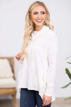 Ivory Hi Lo Cowl Neck Top With Pockets