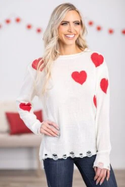 Ivory Intarsia Heart Lightweight Sweater