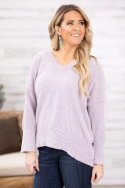 Mauve V-Neck Drop Shoulder Sweater