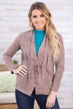 Mocha Faux Suede Waterfall Front Jacket