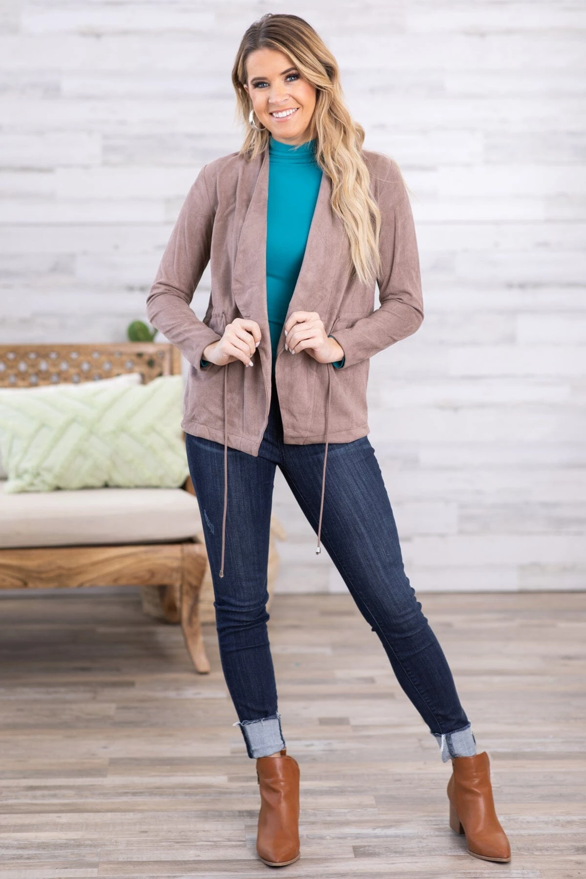 Mocha Faux Suede Waterfall Front Jacket 4 Mocha Faux Suede Waterfall Front Jacket - Image 2