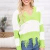 Neon Green And Ivory Fringe Hem Stripe Sweater -Staccato Shop NeonGreenandIvoryFringeHemStripeSweater