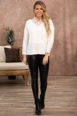 Off White Lace Trim Rib Knit Sweater -Staccato Shop OffWhiteLaceTrimRibKnitSweater 1