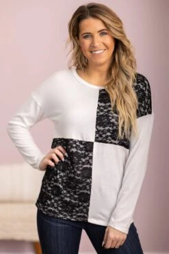 Off White And Black Lace Detail Top