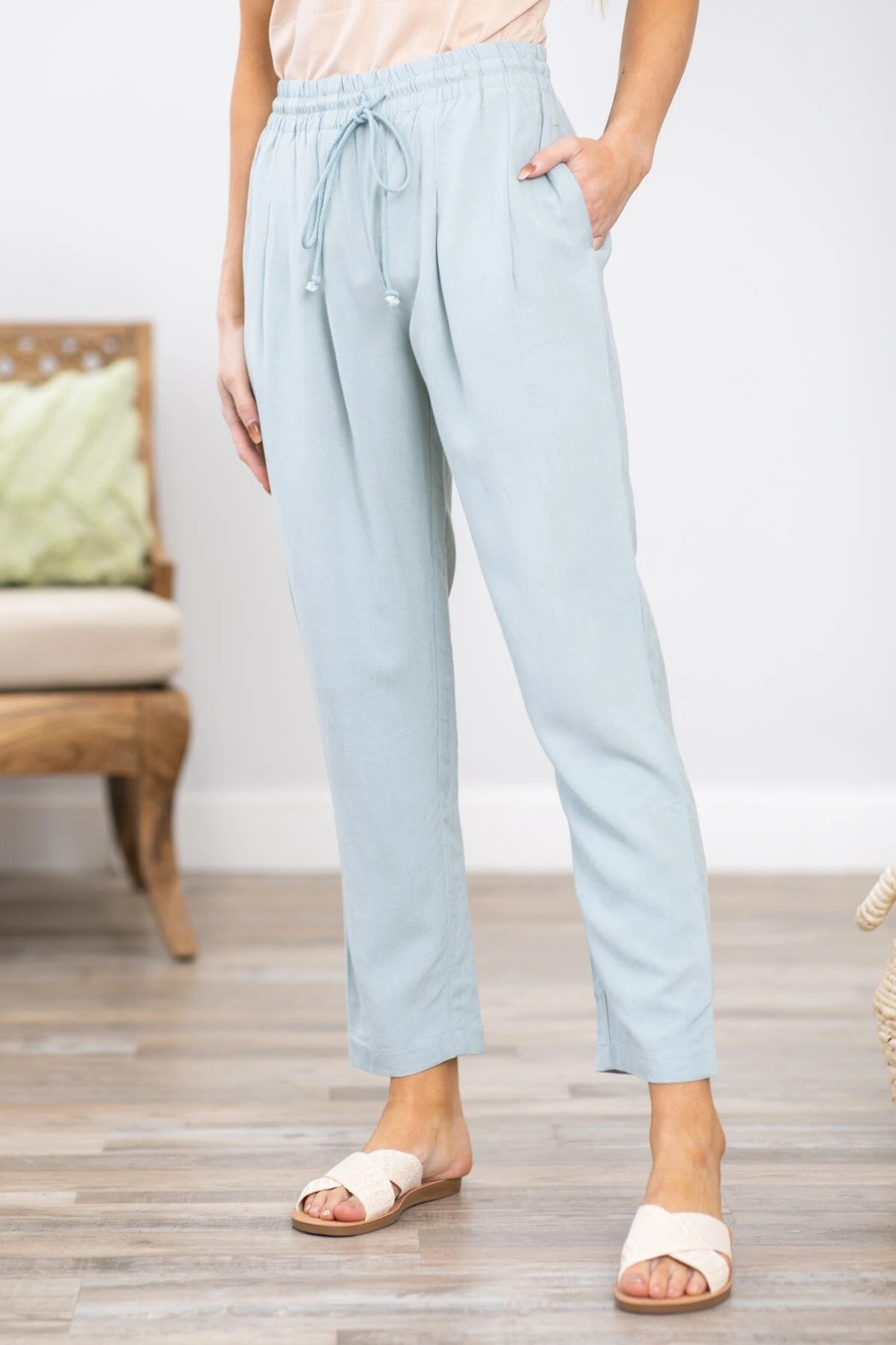 Pastel Blue Elastic Waist Tapered Leg Pant 3 Pastel Blue Elastic Waist Tapered Leg Pant