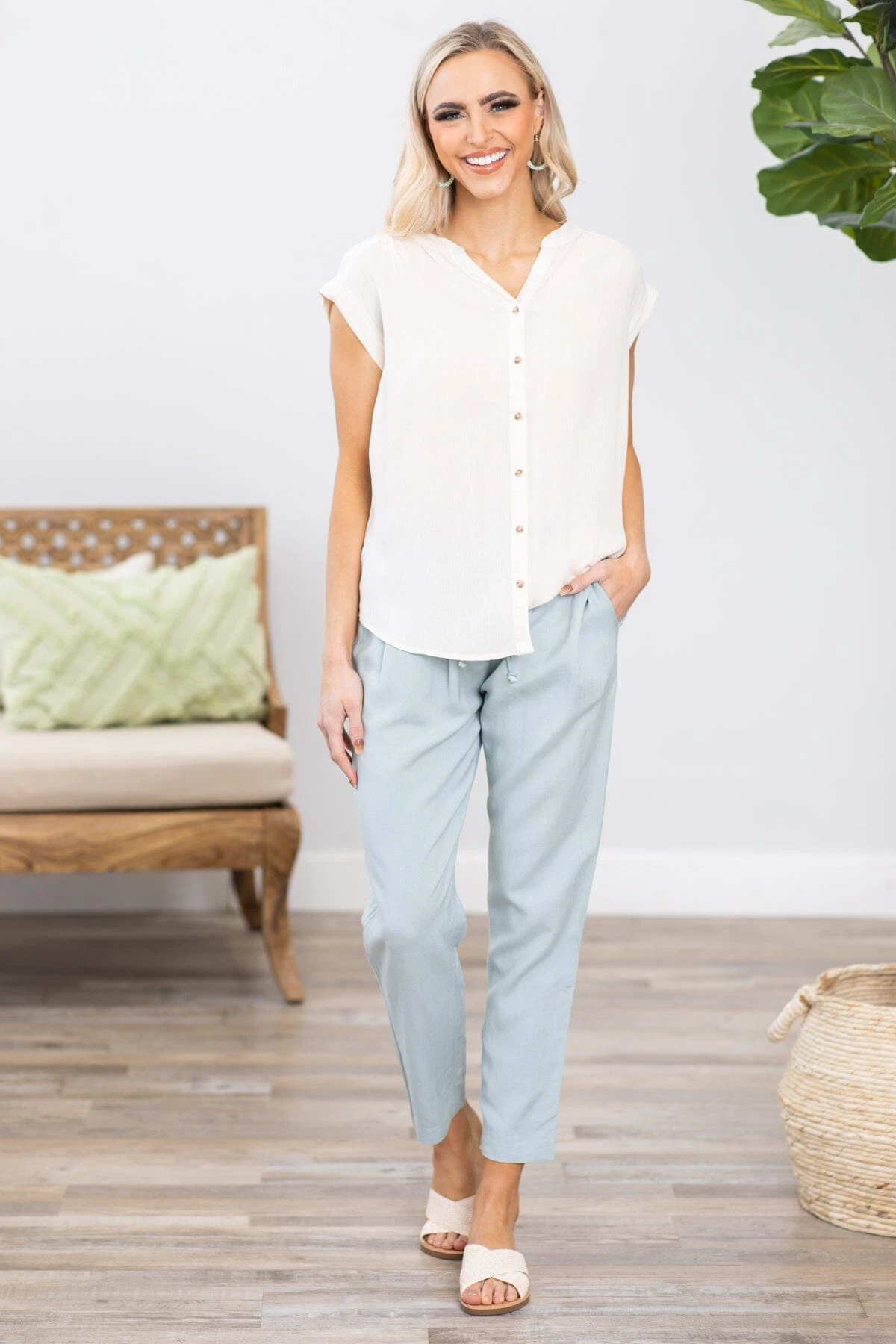 Pastel Blue Elastic Waist Tapered Leg Pant 4 Pastel Blue Elastic Waist Tapered Leg Pant - Image 2
