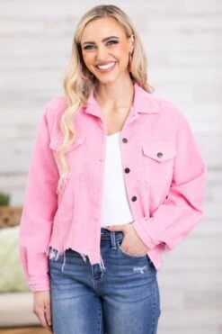 Pink Fray Hem Corduroy Jacket