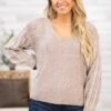 Taupe Ribbed Cable Knit Sleeve Sweater -Staccato Shop TaupeRibbedCableKnitSleeveSweater