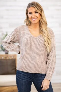 Taupe Ribbed Cable Knit Sleeve Sweater
